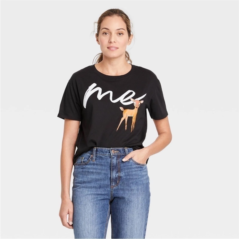 New Disney Womens Deer Me Short Sleeve Graphic T-Shirt Black Large - Picture 2 of 6